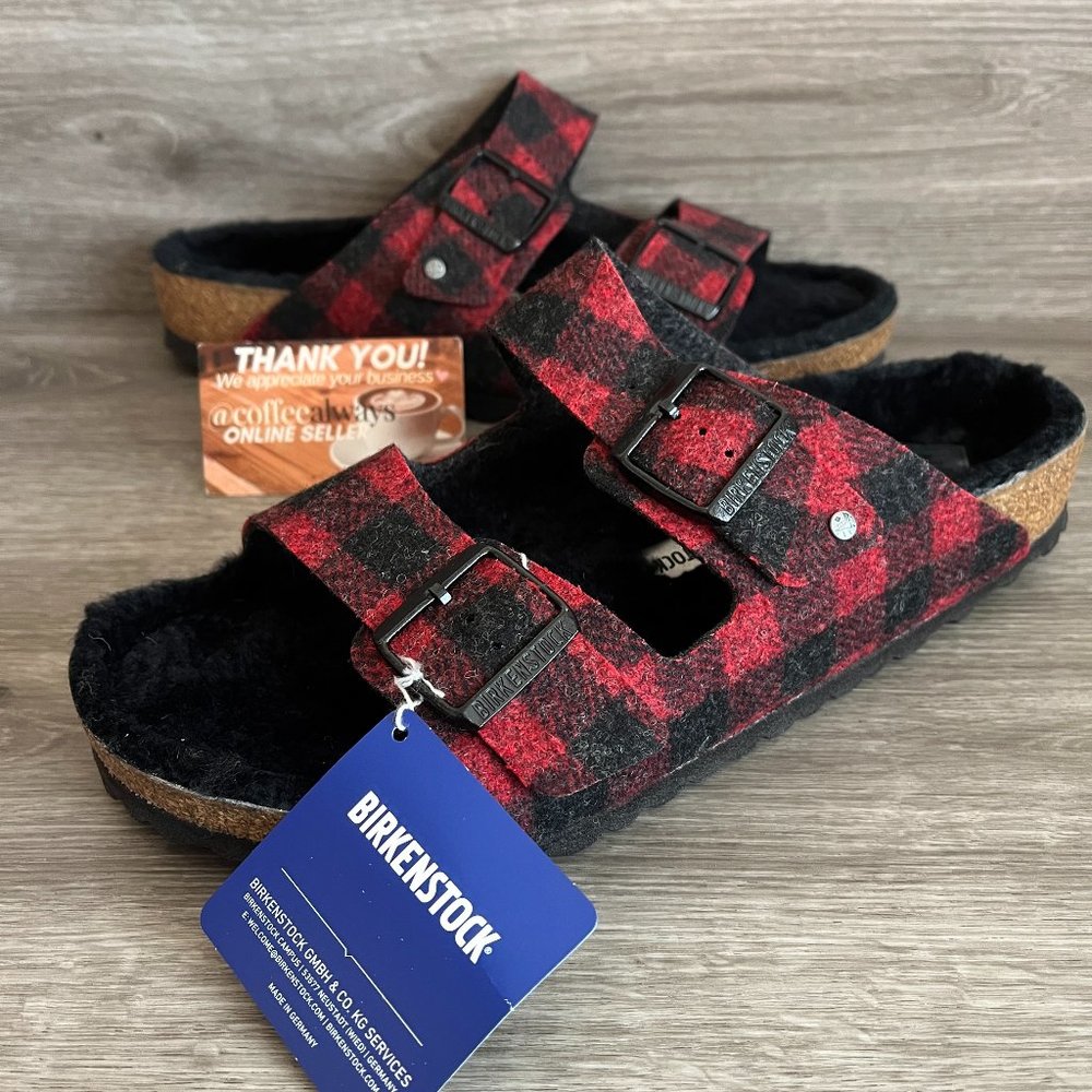 Birkenstock Arizona Rivet Plaid Red Black Shearling Regular NWB